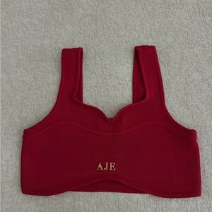 Aje Red Ribbed Bralette with Gold Logo, Size 10 (XL AU/NZ)